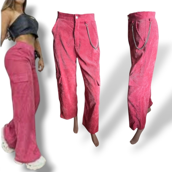 Women's Pink Corduroy High-Rise Flared Leg Silver Chain Detail Cargo Pants - Picture 2 of 16